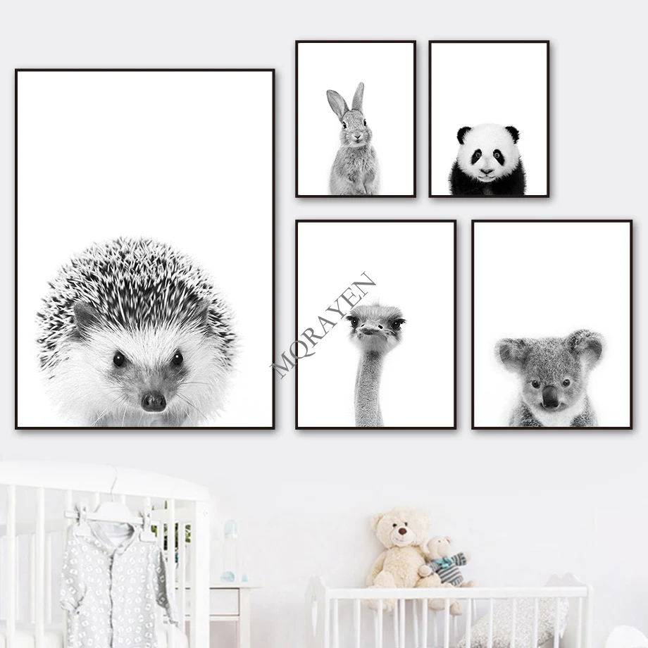 

Black White Panda Koala Monkey Ostrich Nordic Posters And Prints Art Canvas Painting Animal Wall Pictures Kids Room Decoration