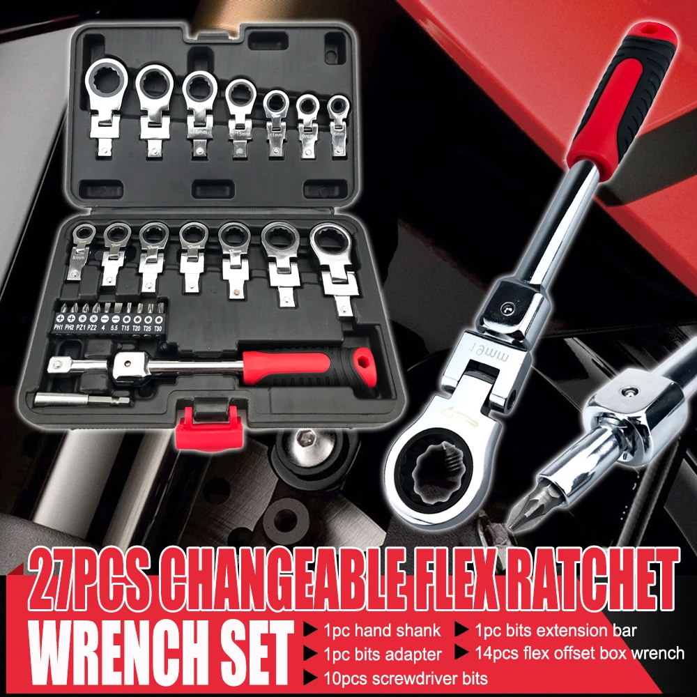 27Pcs Changeable Flex Ratchet Wrench Screwdriver Set Durable Ratchet Combination Labor-Saving Automobile Maintenance Tool Set