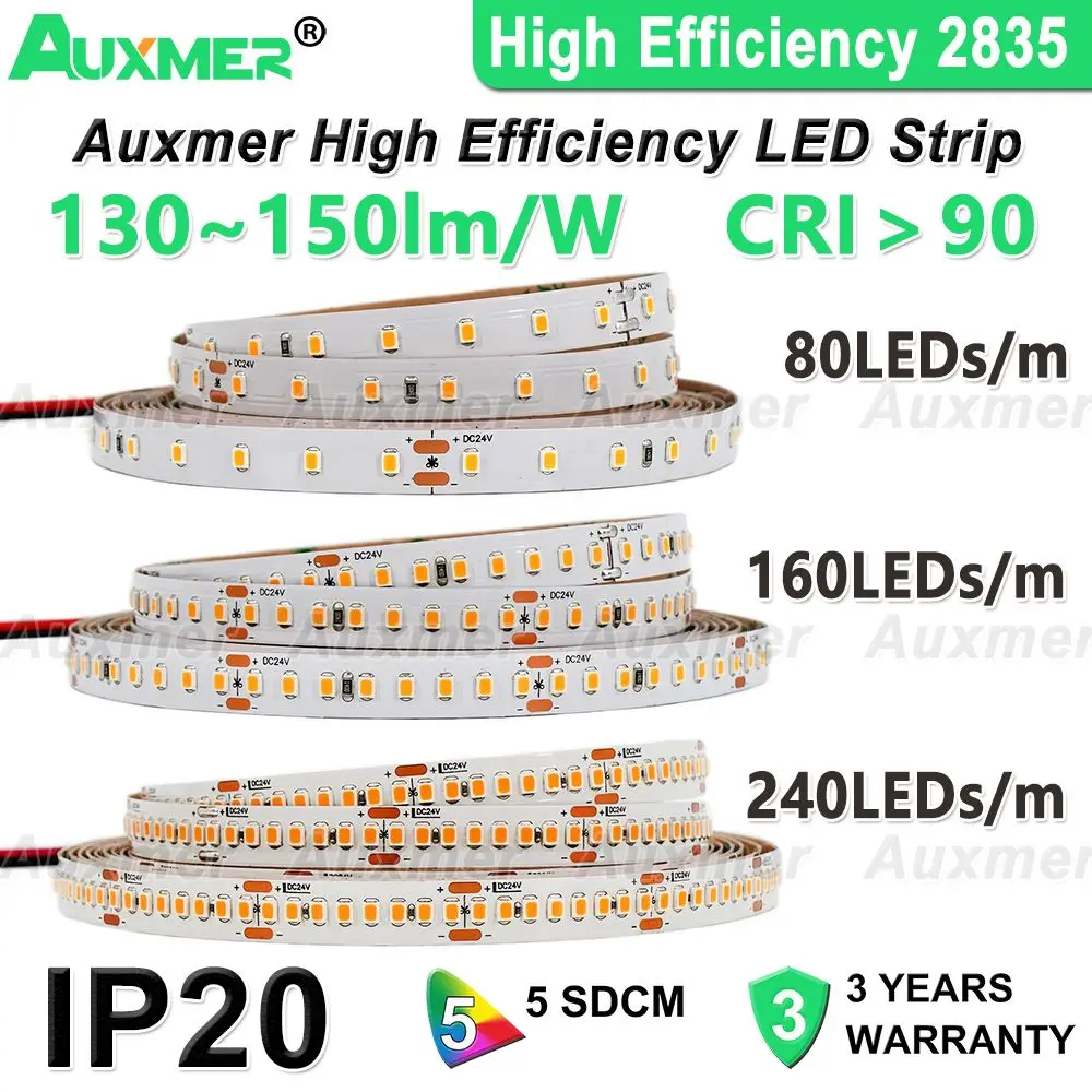 High Efficiency 2835 LED Strip,130~150lm/W,80LEDs/m,160LEDs/m,240LEDs/m.DC12V/DC24V,Non-waterproof,for bedroom