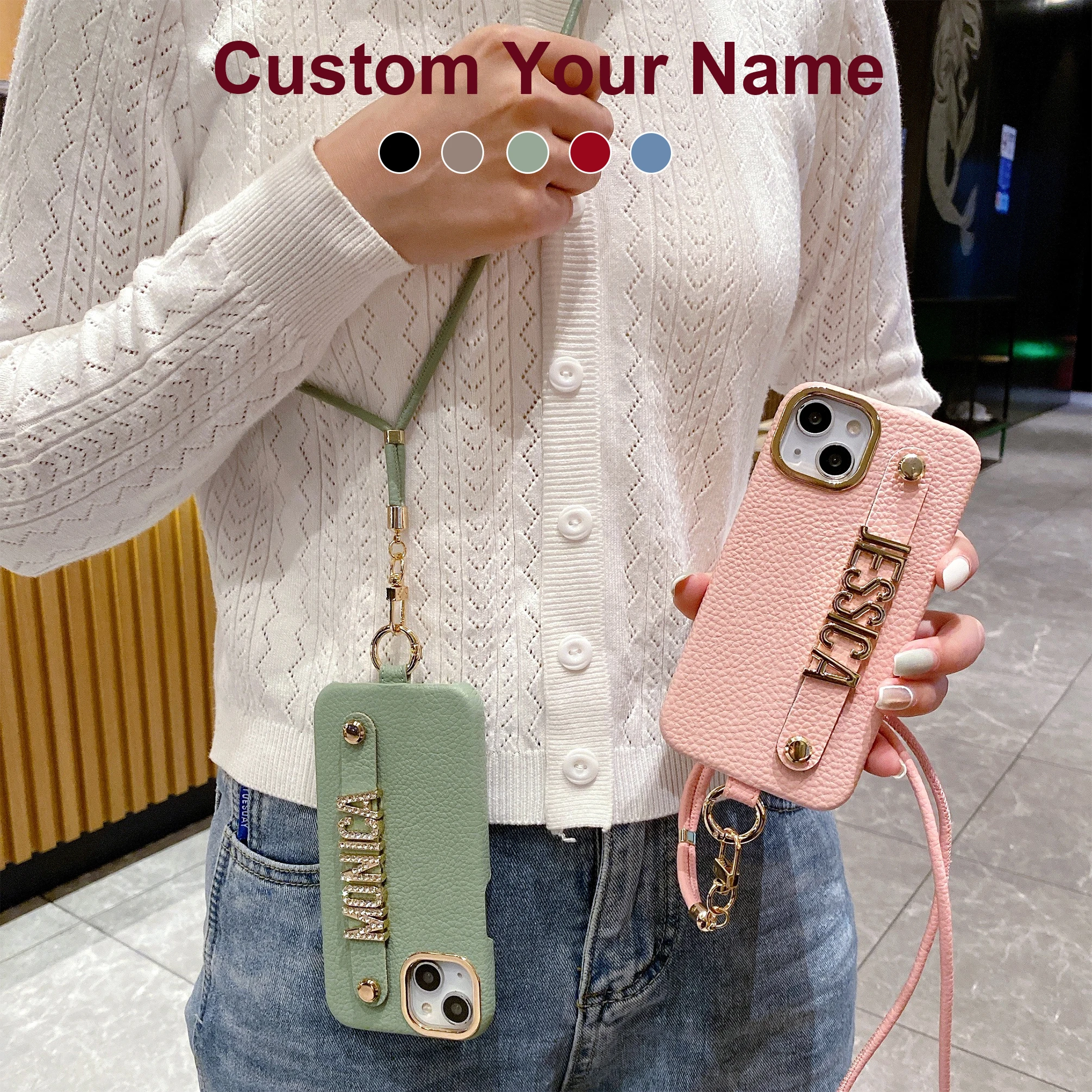 

Crossbody Personalise Name Lanyard PU Lychee Leather Phone Case For iPhone 11 12 13 14 Pro Max Plus Diamond Metal Letter Cover