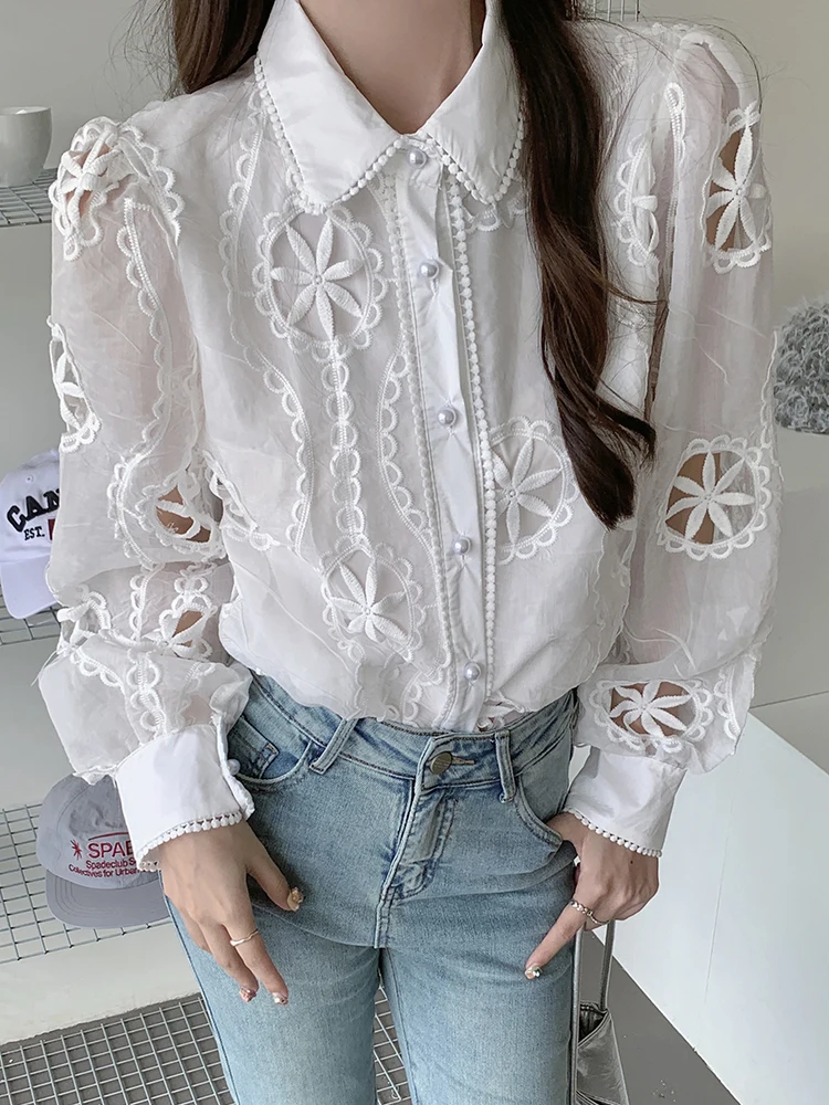 Весенне-осенняя белая рубашка с вырезами женская одежда дворцовый стиль