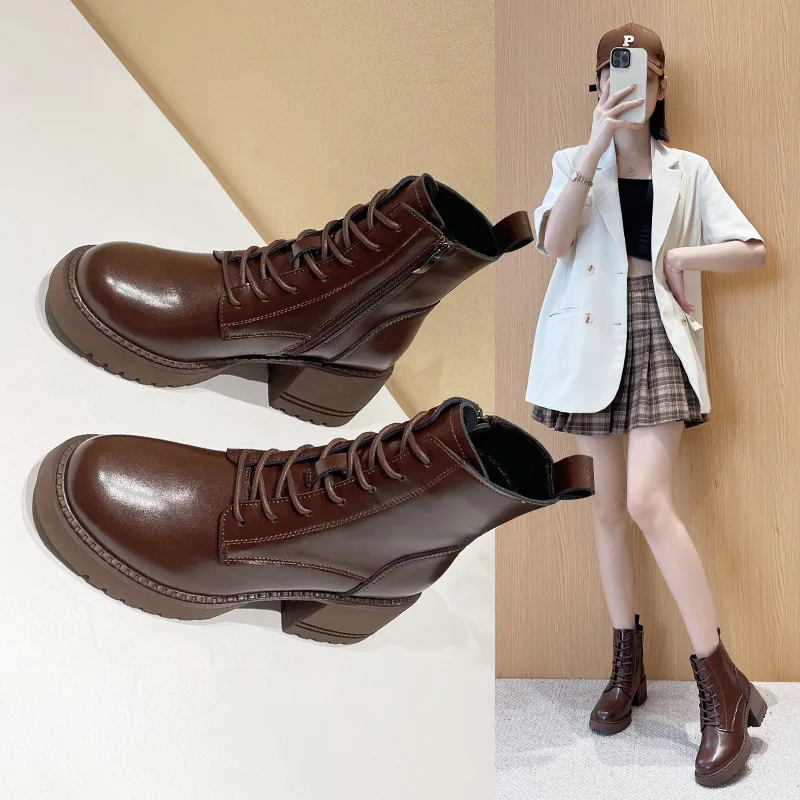 

Autumn Winter Cow Leather Women Shoes Med Heel Ankle Boots Lace Up Zipper Ladies Short Boots With Thick Soles Hiking Shoes