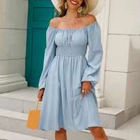 2022 elegant women dress square collar lantern long sleeve mini dress leisure clothes