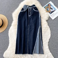 blue tassel long patch denim skirt women streetwear casual pockets lace high waist straight side split jeans skirts new 2022