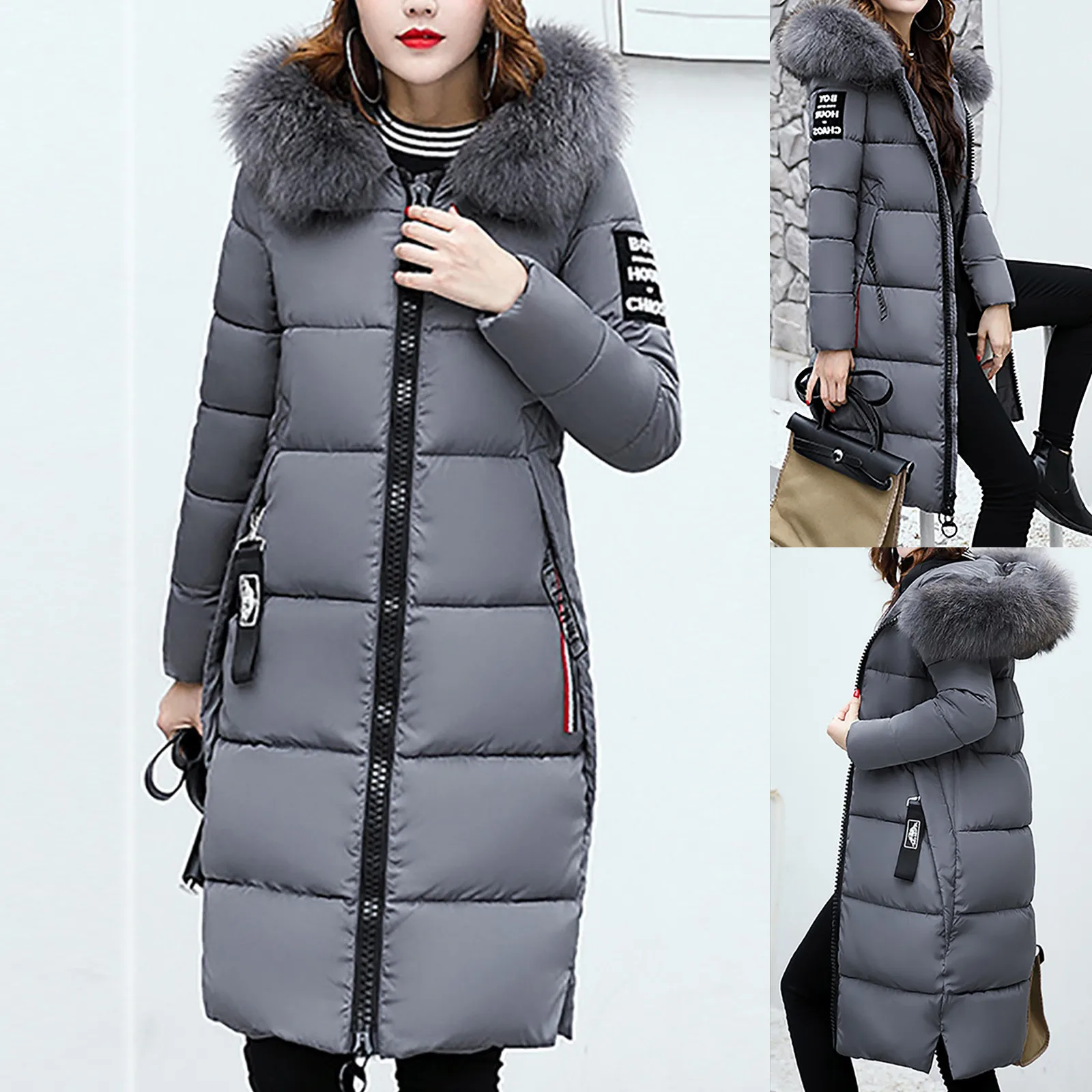

Women's Winter Down Padded Jackets Slim Waist Belt Mid-length Waist Solid Color Hooded Collar Coat Women Long Coats Women