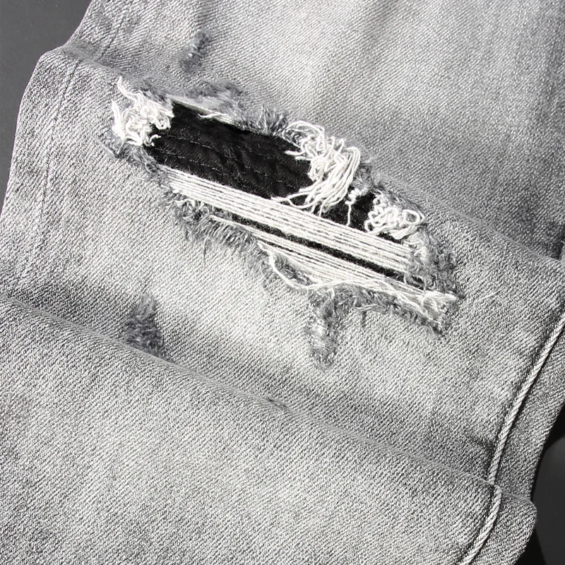 Street Fashion Men Jeans Retro Gray Elastic Stretch Skinny Ripped Jeans Men Leather Patched Designer Hip Hop Brand Pants Hombre