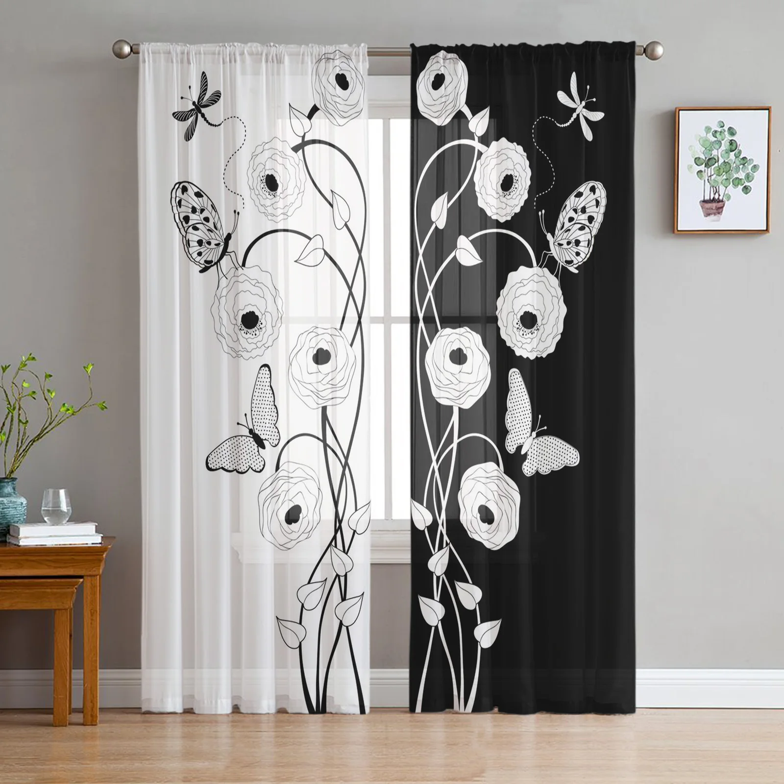 

Black And White Flower Dragonfly Butterfly Chiffon Sheer Curtains for Living Room Bedroom Decoration Window Voiles Tulle Curtain