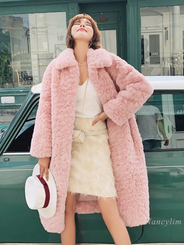 Autumn and Winter Long Fur Coat Women 2022 New Long Below The Knee Fashion Loose and Warm Pink Fur Overcoats Streetwears