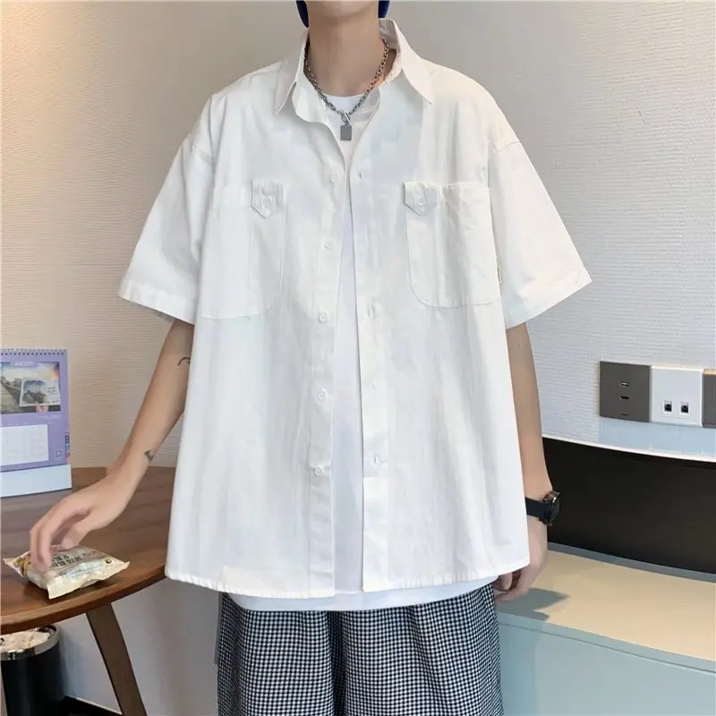 

Japanese Shirt Men's 2022 Summer New Design Pocket Ins All-match Turn-down Collar Short Sleeve Casual Simple Shirt ZCSMLL