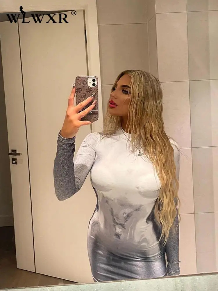 

Весенние уличные облегающие мини-платья WLWXR, Клубная одежда для женщин 2023, модное короткое платье с круглым вырезом и длинным рукавом, повсе...