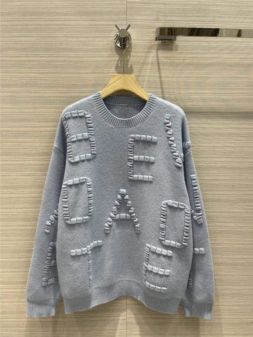 

Fashion Designer Sweater for Women 80% Cashmere 20% Wool O Neck Stereo Relief Bubble Letters Loose Knitted Pullover