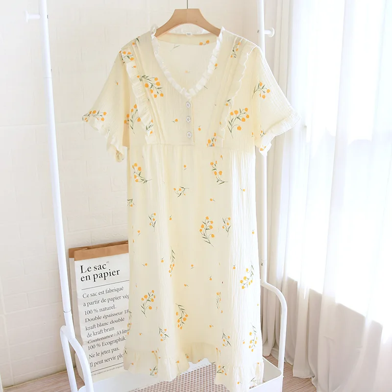 

Women's Pajamas Nightgown for Summer Cotton Thin Short Sleeve Fashion Style Sweet and Cute Cardigan Midi Length Sleeping Dress