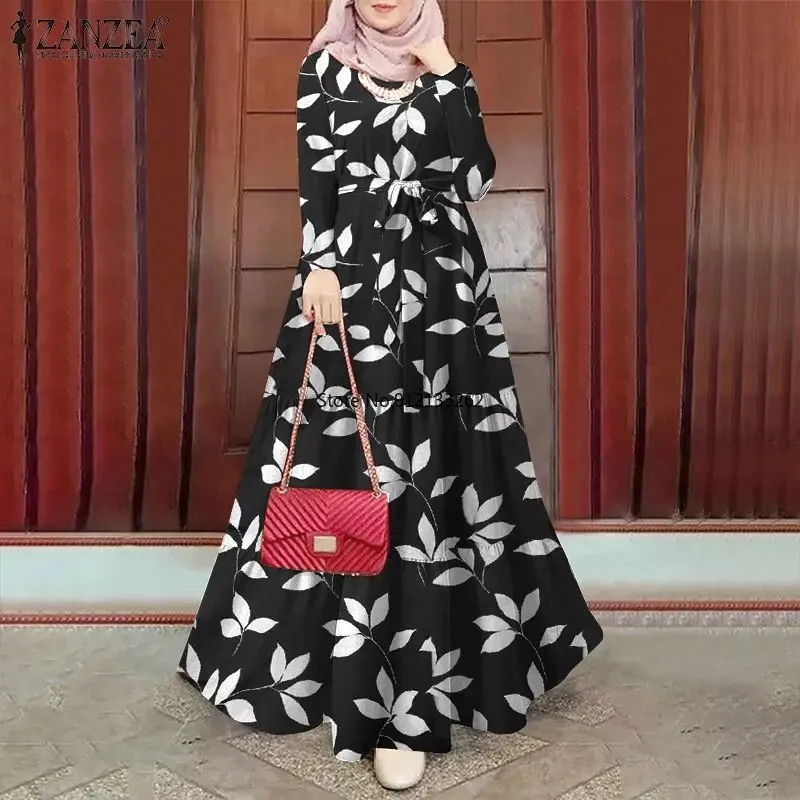 Women Vintage Polka Dot Printed Dress Islamic Long Robe Muslim Abaya 2022 New Autumn Elegant Ladies Lace Up Clothes