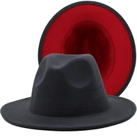 new unisex outer dark grey inner red wool felt jazz fedora hats with thin belt buckle men women wide brim panama trilby cap