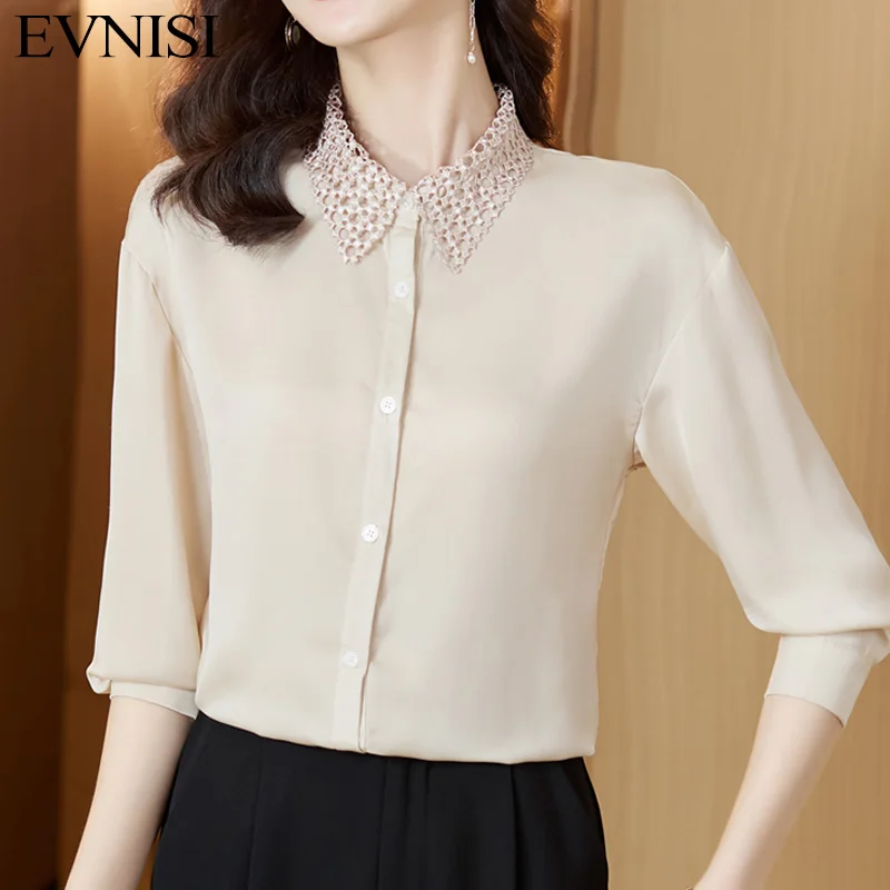 

EVNISI Autumn Solid Blouse For Women Turn-down Collar Silk Satin Casual Office Lady Shirts Female Button Up Tops 2022 New