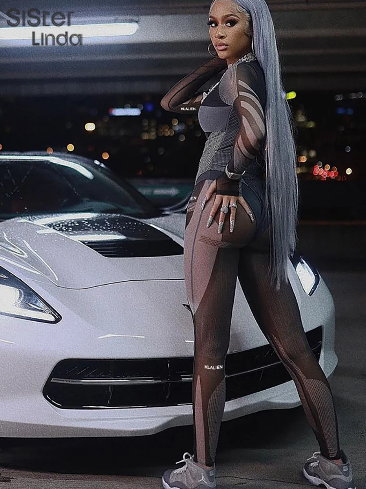 

Sexy Mesh See Through Two Piece Tracksuit Sets Women Letter Print Full Sleeve Bodysuit Tops+Leggings Matching Streetwear Outfits