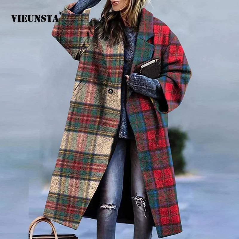 

Women Elegant Commute Turn-down Collar Printed Buttons Long Thick Outwears Autumn Winter Fashion Patchwork Long Sleeve Coats For