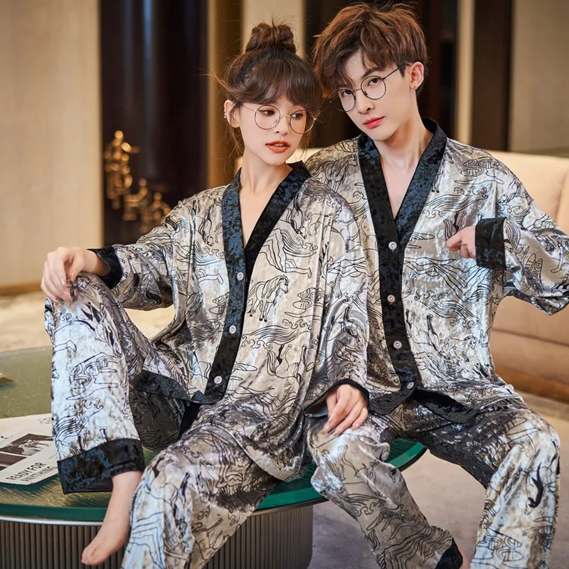 

Пижамный комплект для пар, Золотая Бархатная одежда для сна с леопардовым принтом, Повседневная Домашняя одежда, мужская ночная рубашка, Пи...