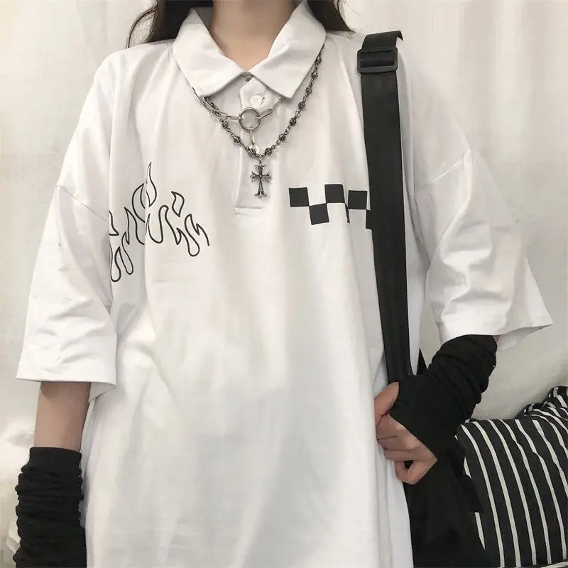 Harajuku Polo Collar T-shirt Women Streetwear Japanese Style Short Sleeve Tees White Tops Alt Clothes Female graphic t shirts