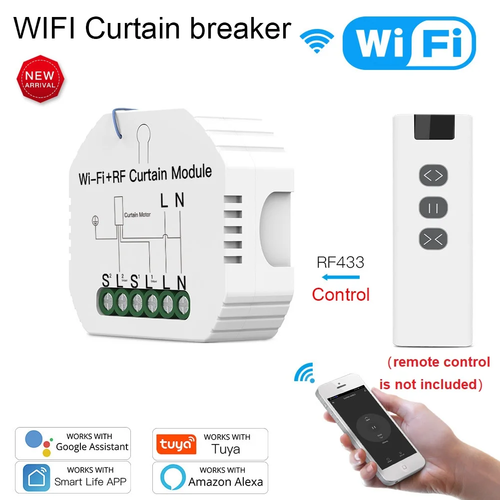 

WiFi RF Smart Curtain Blinds Module Switch Roller Shutter Motor Tuya Wireless Smart Remote Control,Voice Control Schedule Timer