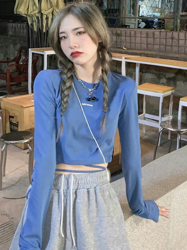 

Long Sleeve T-shirts Women Design Sexy Prevalent Bandage Tops Harajuku Street Spring Female Hot Skinny New Navel exposed shirt