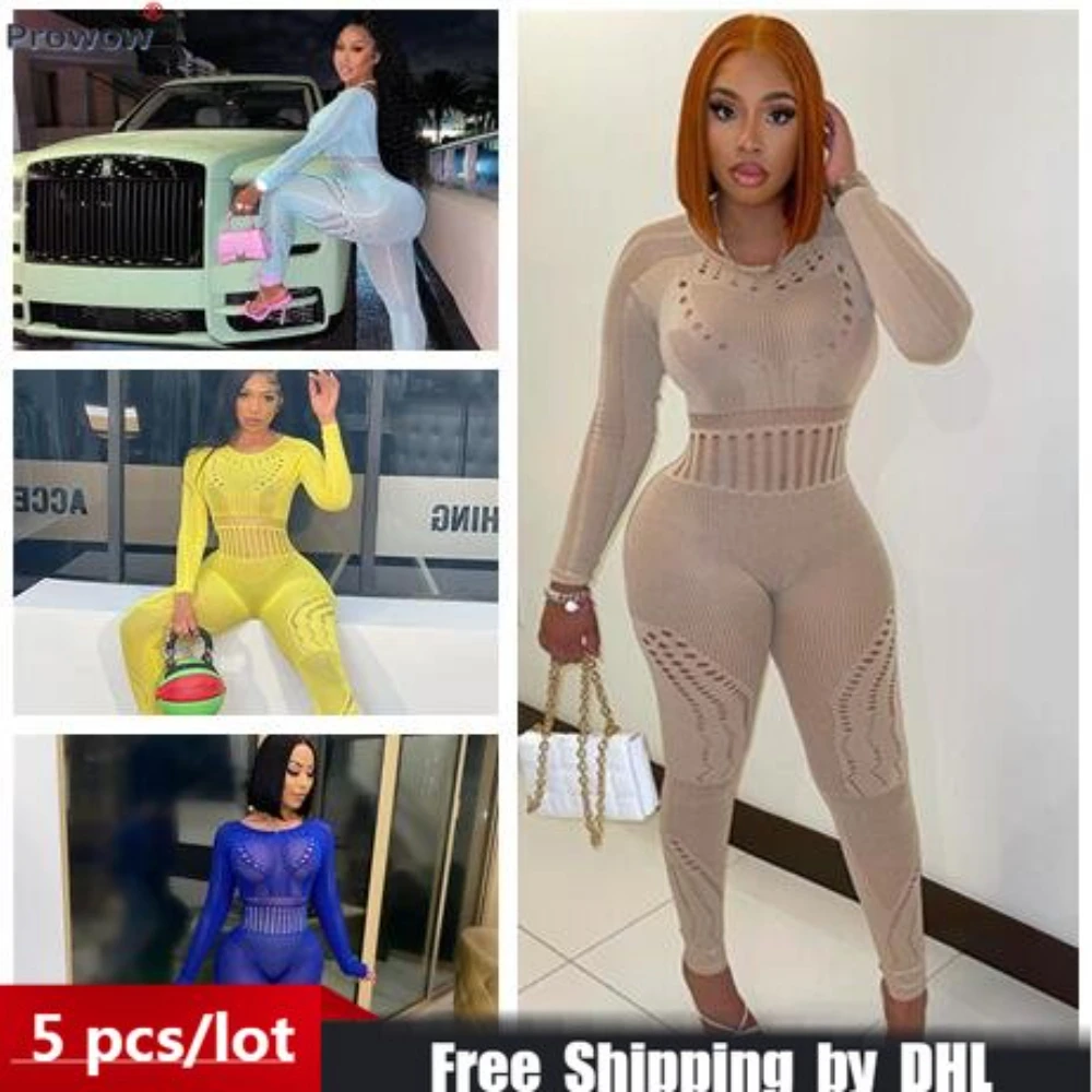 Sexy Jumpsuits Women Club One-pieces Outfit Bodycon Hollow Out Lady Romper Pants See Through Long Sleeve Overalls Wholesale 9131
