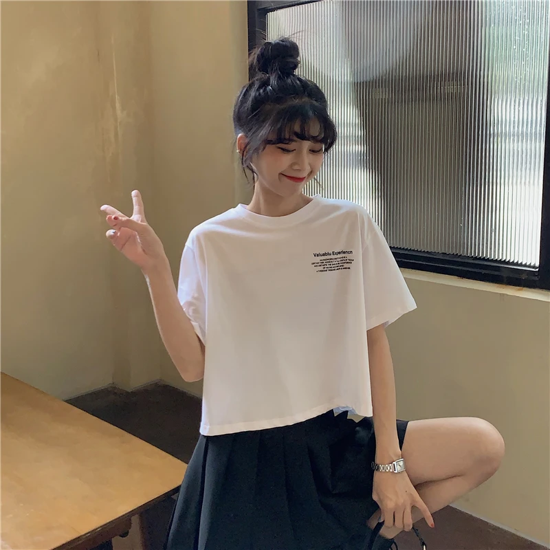 

Новинка 7612, модная универсальная короткая футболка с круглым вырезом и буквенным принтом и коротким рукавом