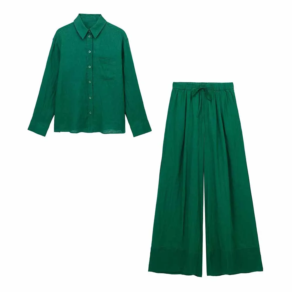

Traf Women 2023 Two-piece Set Fashion New Elegant Pocket Decorated Linen Shirt Female High Rise Wide Leg Pants