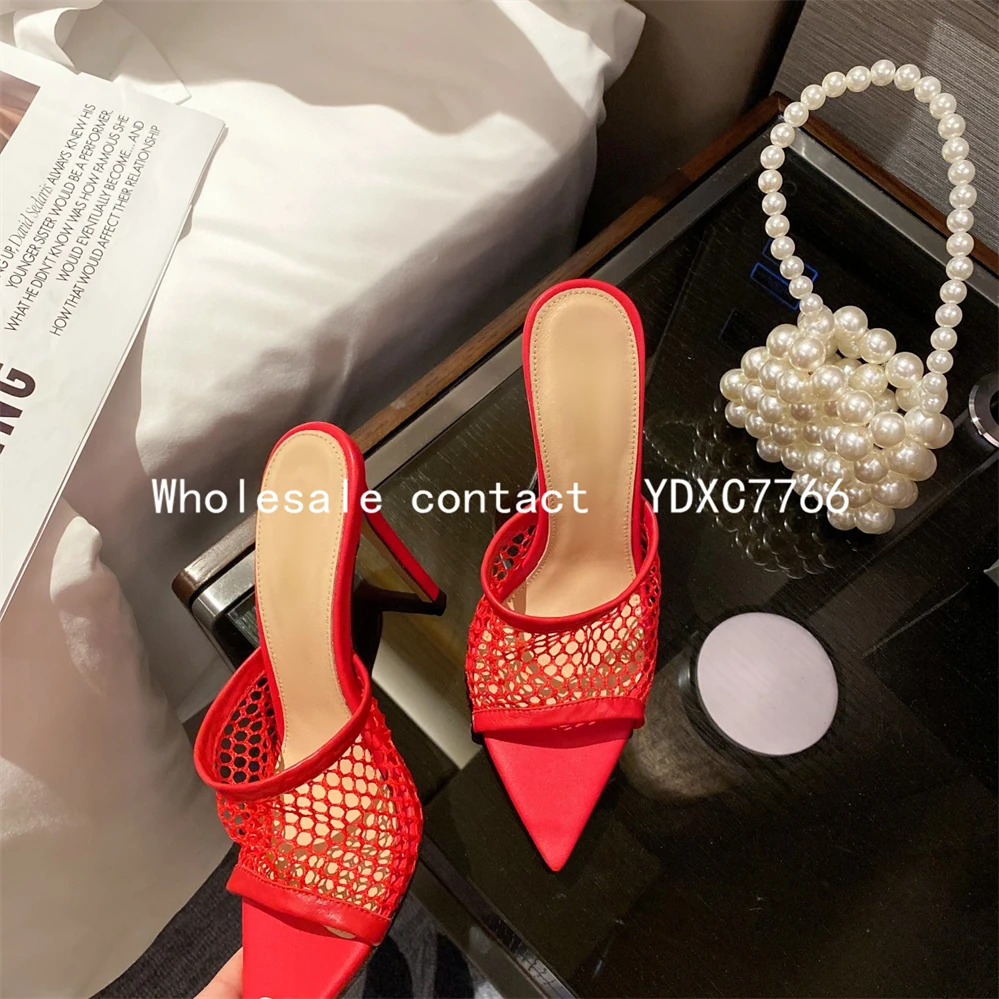 New European and American mesh fish mouth open toe thin heel high heels 2022 summer fashion sexy women wearing sandals slippers