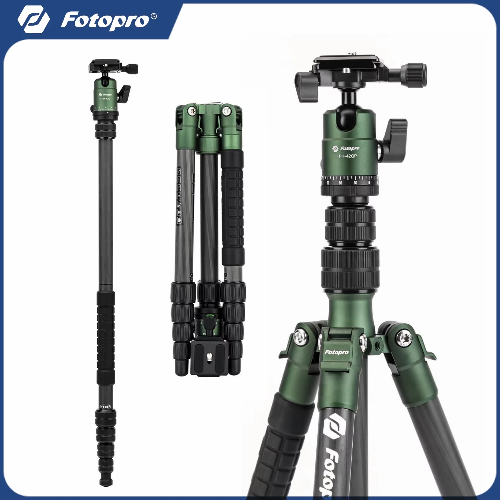 Фото Легкий карбоновый штатив Fotopro X-GO E2 152 см, трансформируемый в монопод, с сумкой для переноски, для путешествий, съемки на природе, DSLR-камер №1