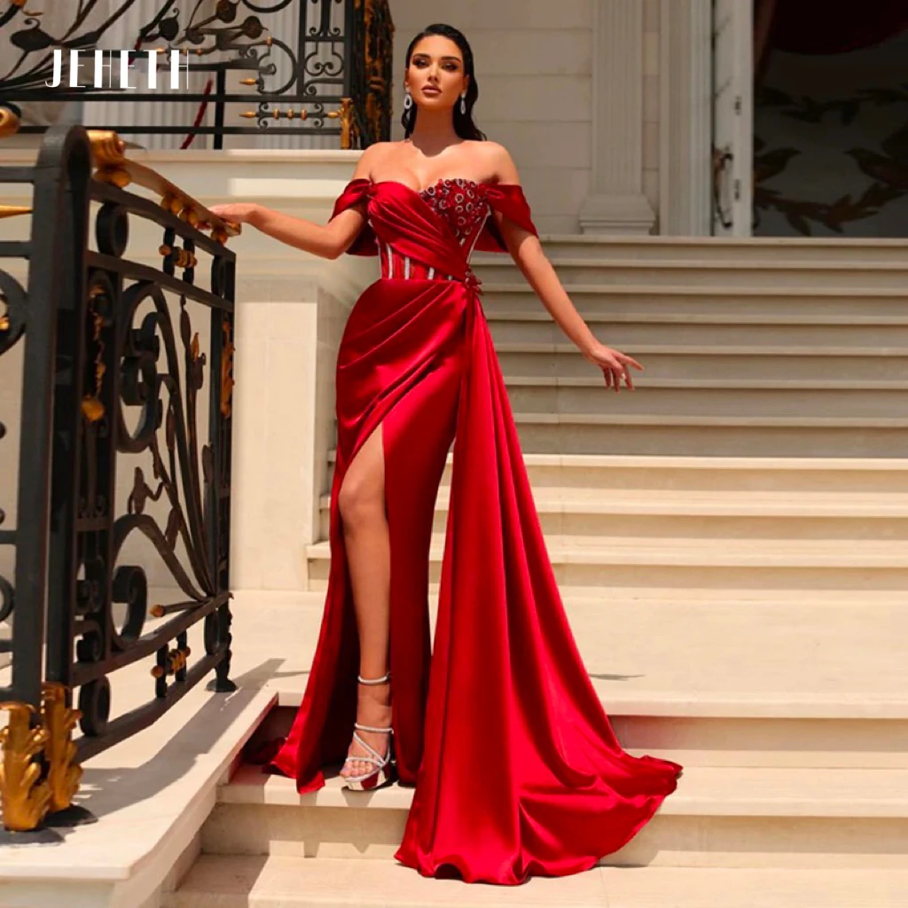 

JEHETH Sexy Red Tube Top Appliques Ladies High Slit Evening Formal Dress Sweep Train Pleated Party Prom Gowns vestidos de noche