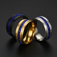 black gold 8mm stainless steel circle blue crystal ring for men women custom engrave lover couple wedding charm jewelry