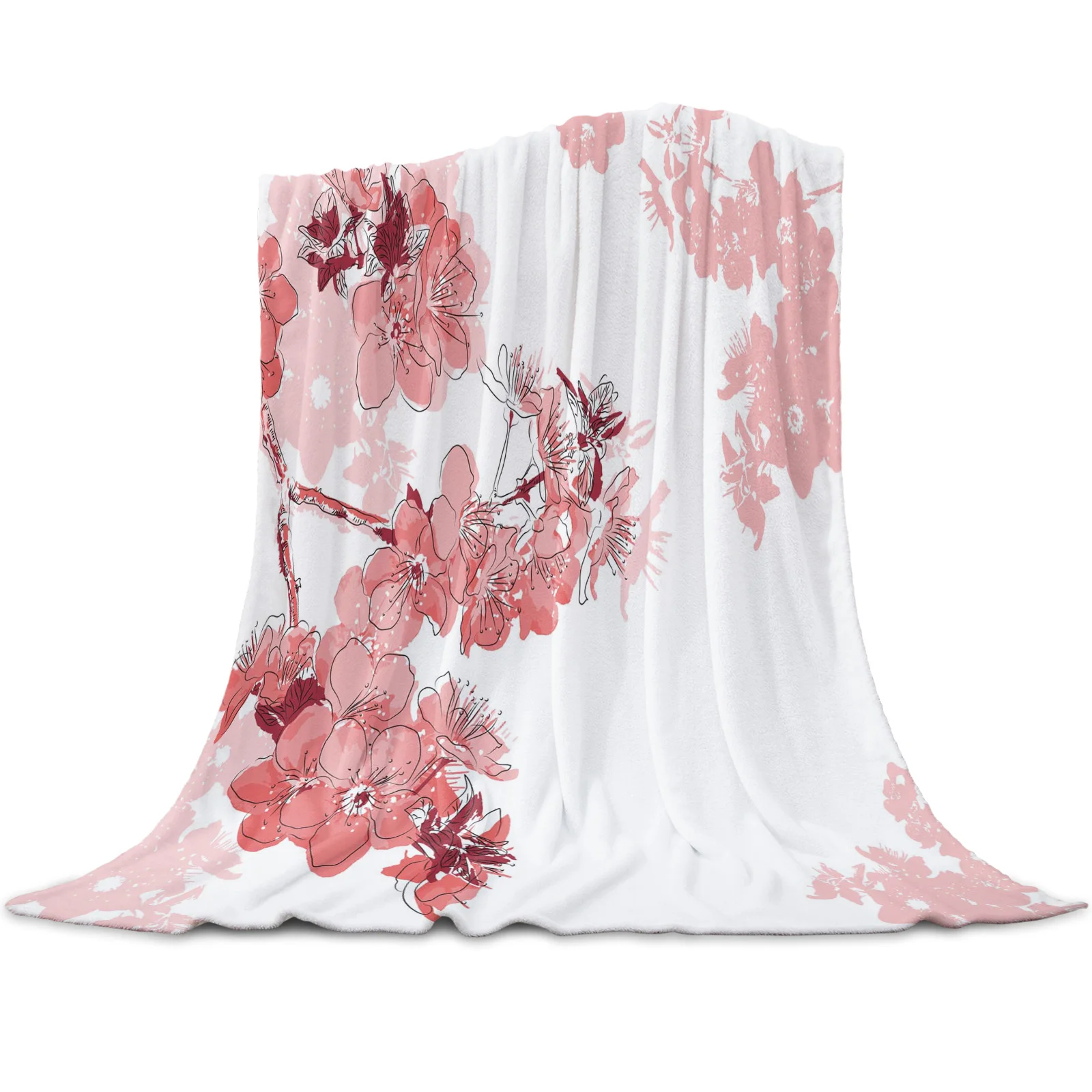 

Sofa Couch Bed Summer Large Travel Camping Gifts for Girls and Women Cherry Blossom Plum Branch Pink White Flannel Throw Blanket