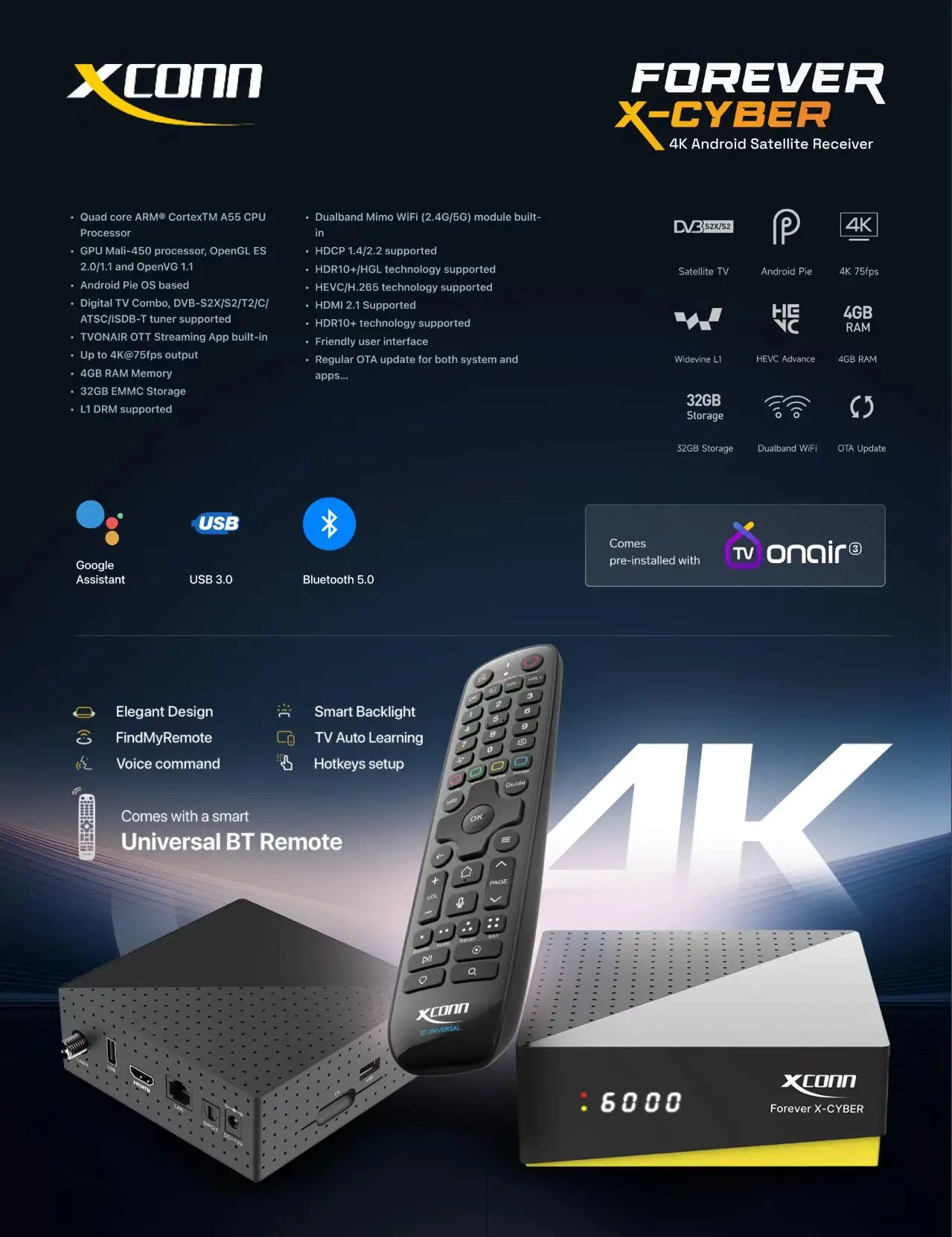 4K*Спутниковый ресивер Forever* XCONN Поддержка навсегда Функция X-CYBER 4 ГБ 32 ГБ IPTV Android Box с TVONAIR3 (art.: 3920d370b77bc) - 3920d370b77bc