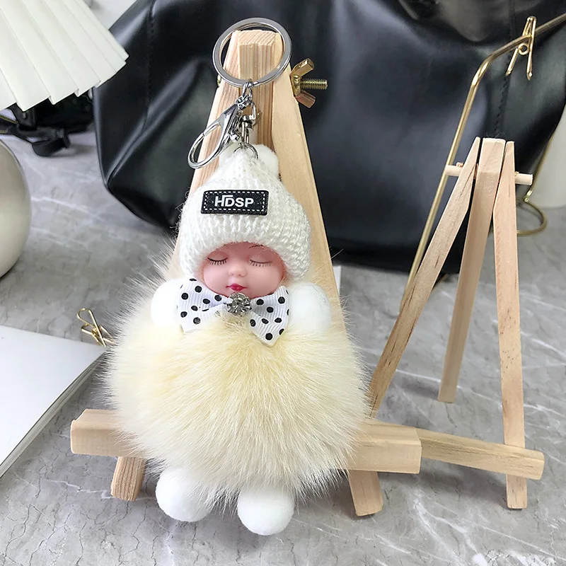 

Pompom Sleeping Baby Keychain Cute Fluffy Plush Doll Keychains Women Girl Bags Keyrings Cars Key Ring Gift Charming Decoration