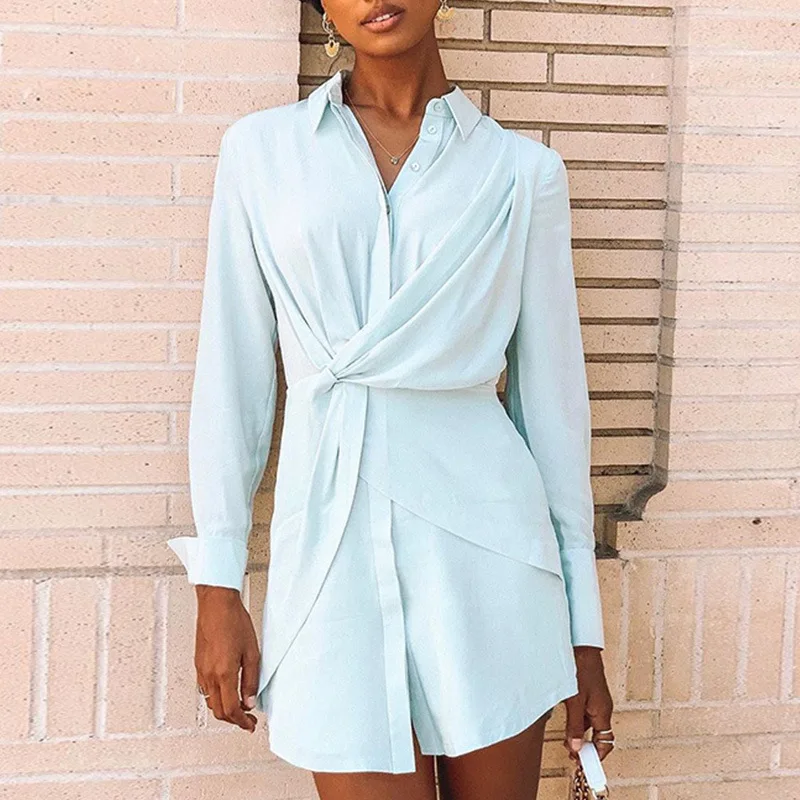 

2021 New Lapel Slim Ladies Dress Blue Shirt Dress Long Sleeve Single Breasted Irregular Summer Dress Loose Casual Mini Dress