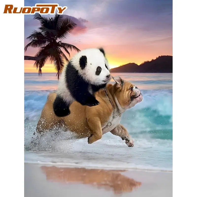 

RUOPOTY 5D Diy Diamond Painting Cross Stitch Full Square Round Panda And Dog Diamond Embroidery Mosaic Picture