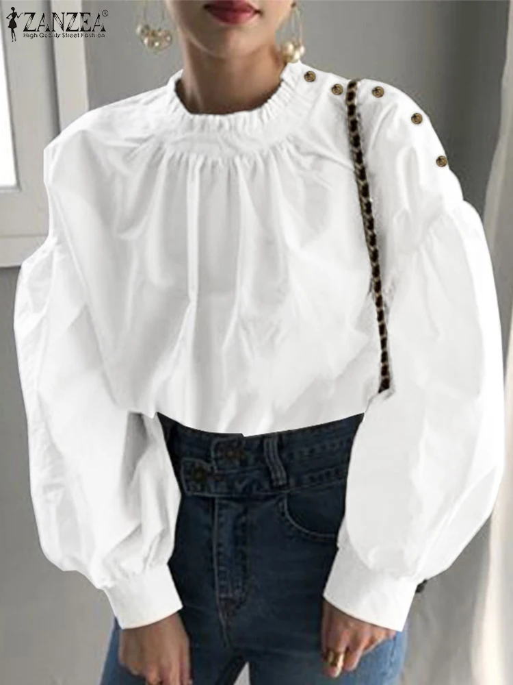 

ZANZEA Women Fashion Autumn Lantern Sleeve Pleated Blouse Elegant Shirts Female Work OL Blusas Female Solid Tops Chemise Tunic