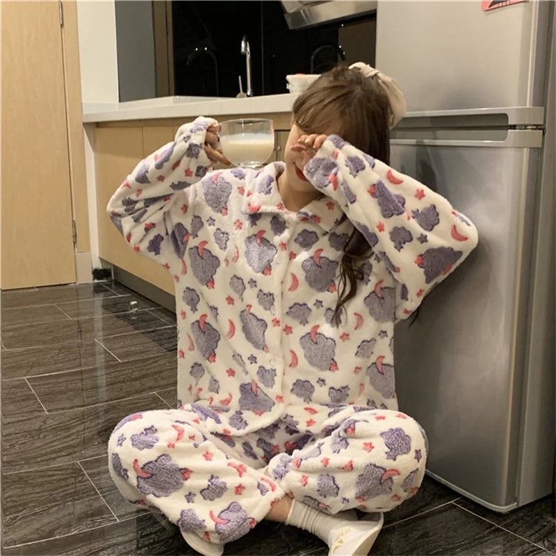 Sweet Pajamas Set Casual Shirt Sleepwear For Women Pyjama Women's Flannel Full-Sleeve Fashion Princess Homewear Plus Size