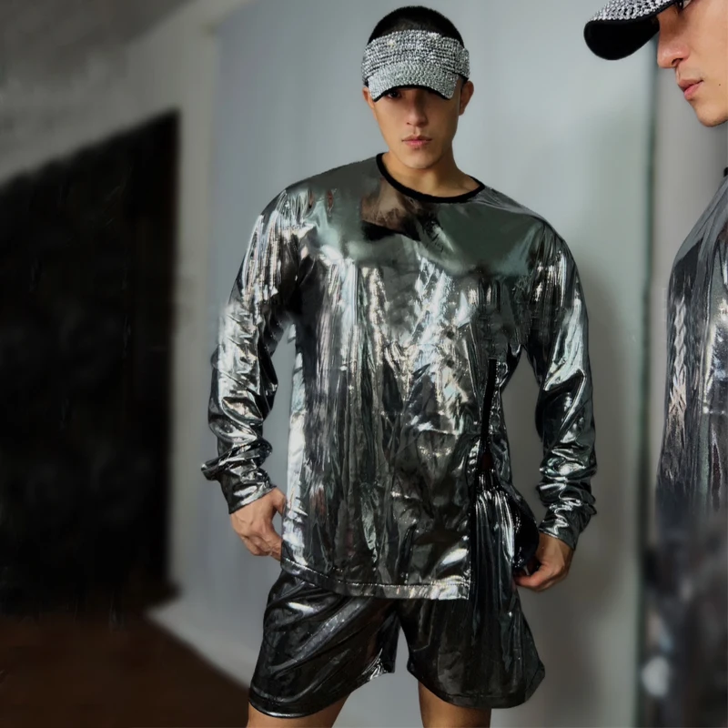 Фото Модные костюмы для джазовых танцев, мужская одежда для певицы, хип-хопа, лазерный топ, шорты для ночного клуба, DJ DS, фестивальный наряд, сценическая одежда Gogo XS7175 №3