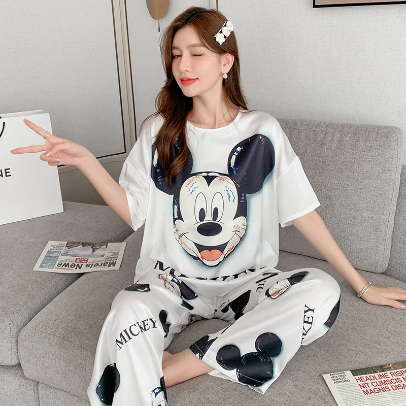 Disney Stain 3 Pieces Sleepwear Summer for Women O Neck Top and Trouser Suits Woman Casual Home Silk Loungewear Outfits Ladies