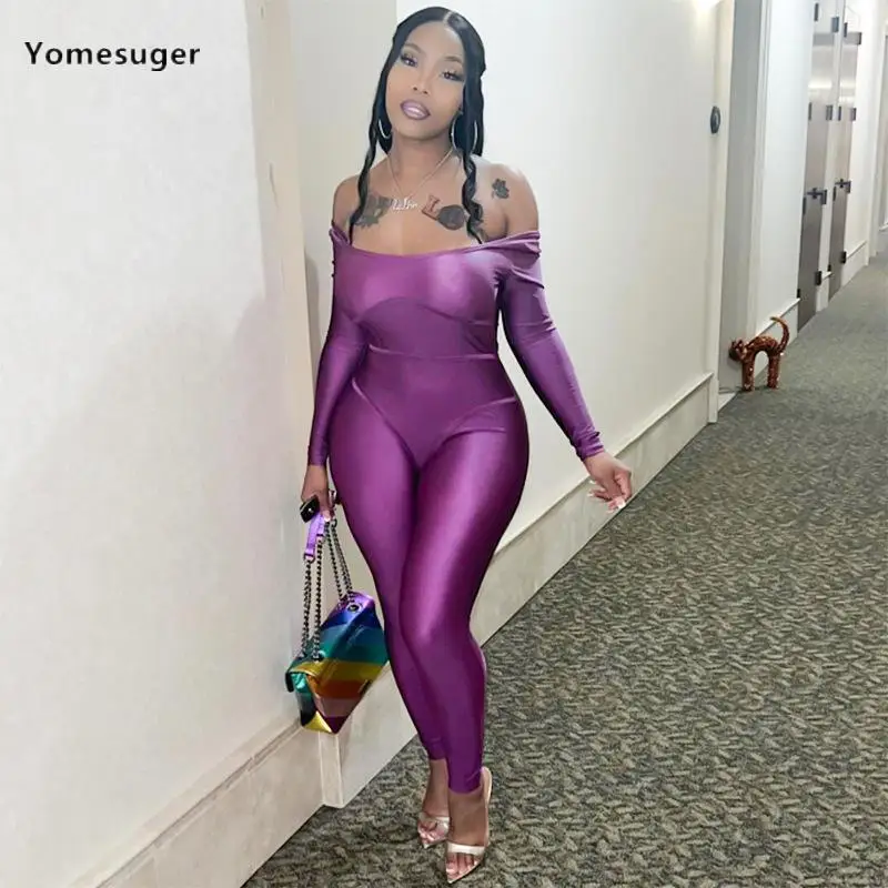 

Yomesuger Shiny Long Sleeve U-Neck Body-Shaping Jumpsuits Women 2024 Sping Streetwear Fashion Active One Piece Rompers Overall