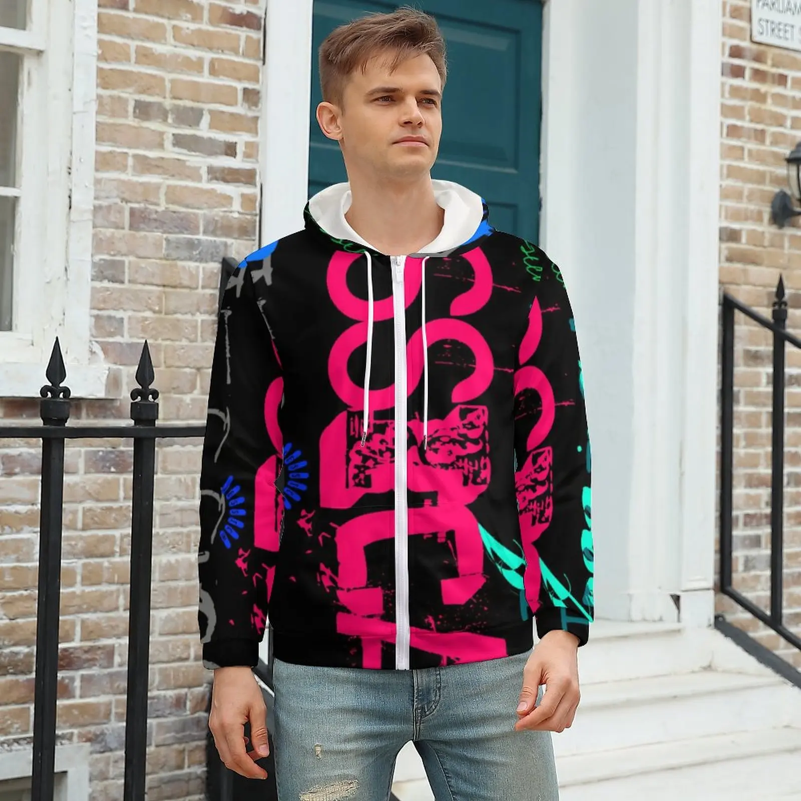 

Word Graffiti Hoodies Letters Print Winter Polyester Hoodie Full Print Zip Up Hoodie For Men Plus Size XXXL