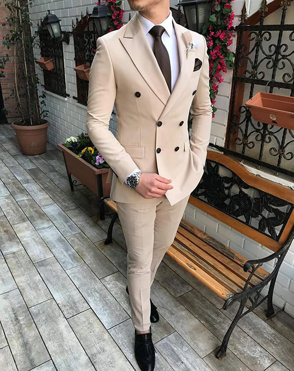 

2022 New Beige Men's Suit 2 Pieces Double-Breasted Notch Lapel Flat Slim Fit Casual Tuxedos For Wedding(Blazer+Pants)