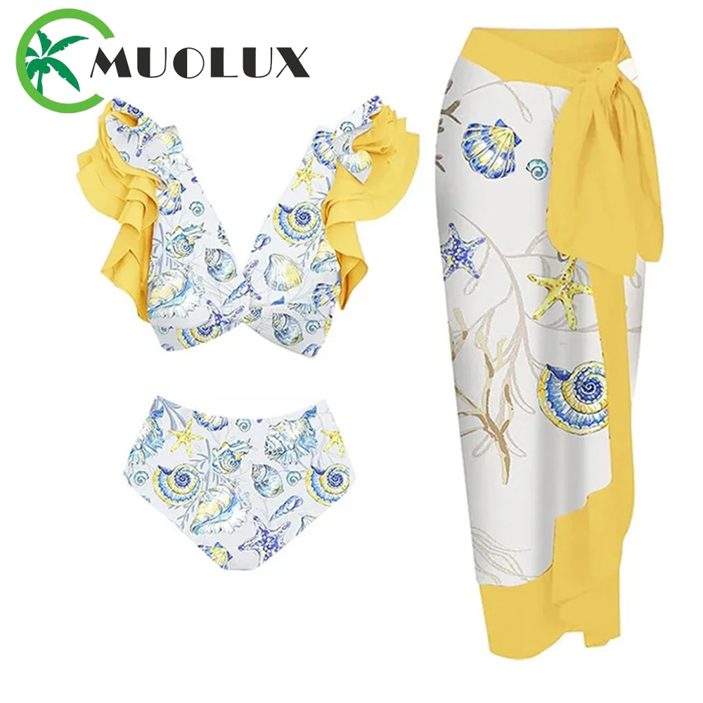 MUOLUX 2023 Sexy One Piece Swimsuit Women Swimwear 3D Flower Ruffle Print Monokini Sarong Beach Bathing Suits Cover Up Dress