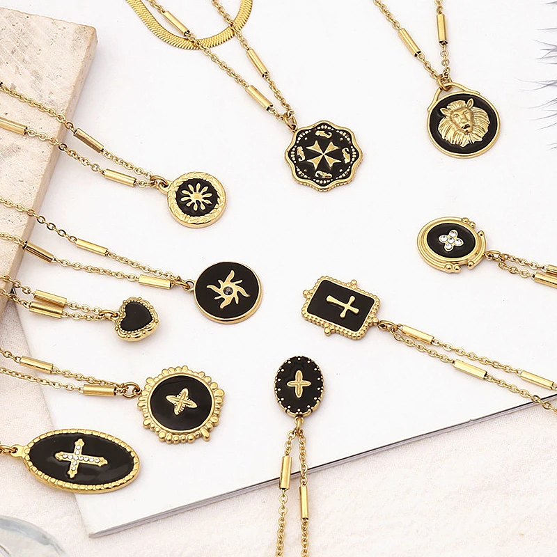

Vintage Cross Necklace Black Enamel Gold Cross Lion Love Heart Pendant Women's Stainless Steel Necklace Delicate Jewelry Gift