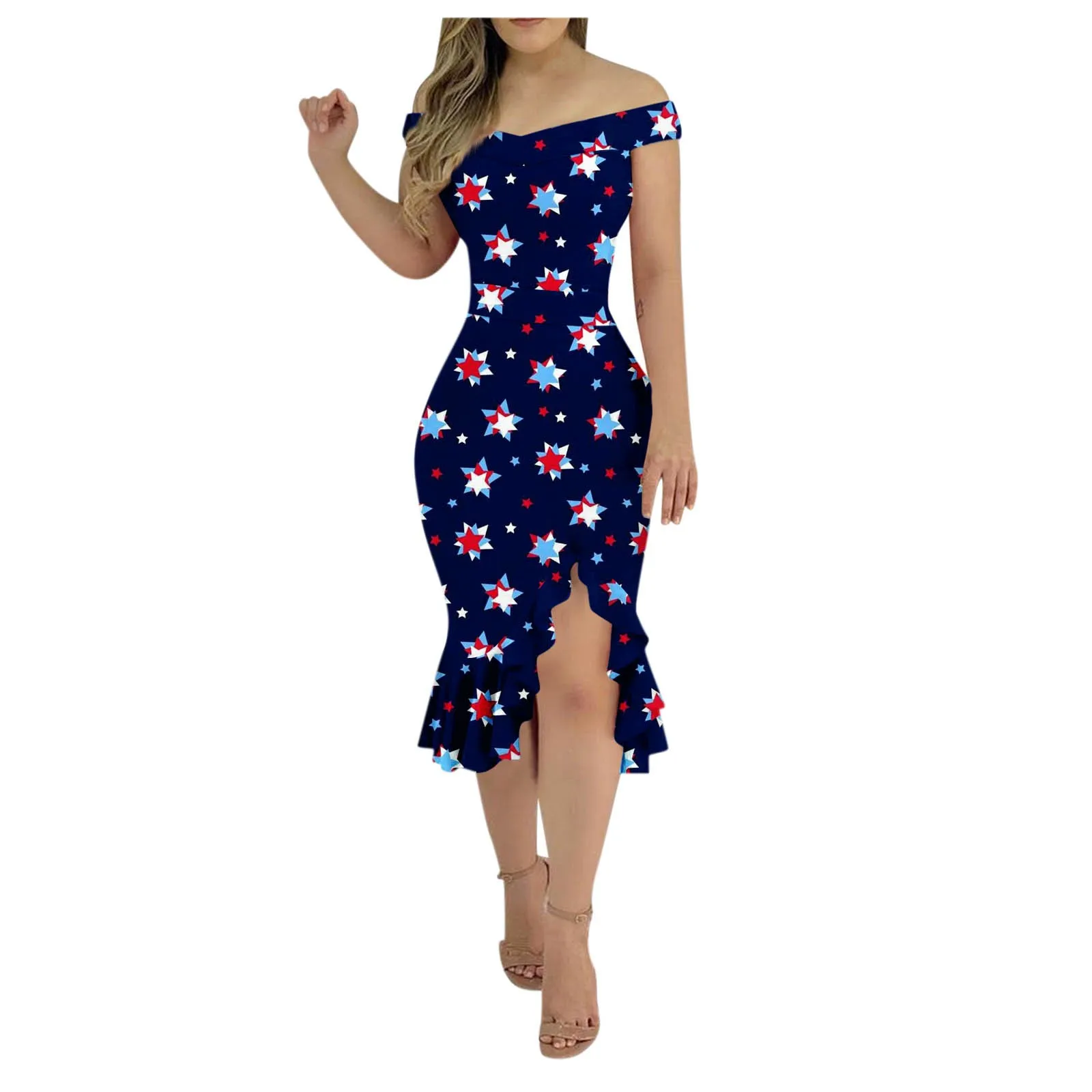 

Women'S Sexy Party Dress Skirt Independence Day Print Side Bag Buttock Slit One-Line Neck Cross Sexy Backless Dress Vestidos