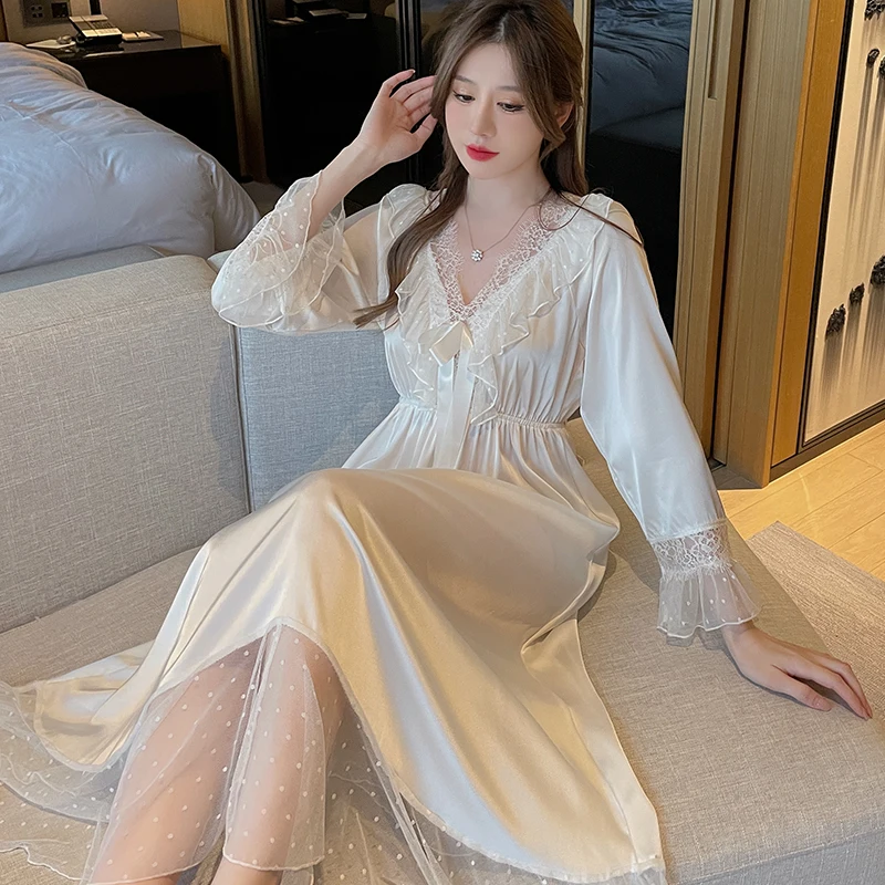 Sexy V Neck Summer Clothes Dresses Women Princess Satin Nightgown French Ruffle Lace Nightdress Silk Sleepwear Retro Long Sleeve