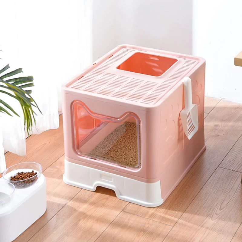 

Enclosed Cat Potty Foldable Cat Litter Box With Lid Top Entry Anti Splashing Cat Toilet Easy To Clean