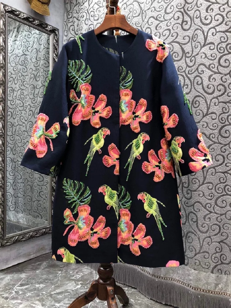 

Top Quality New 2022 Autumn Winter Long Coats Women Hand Made Beading Flower Bird Patterns Dark Blue Coat Female Casual Outwear